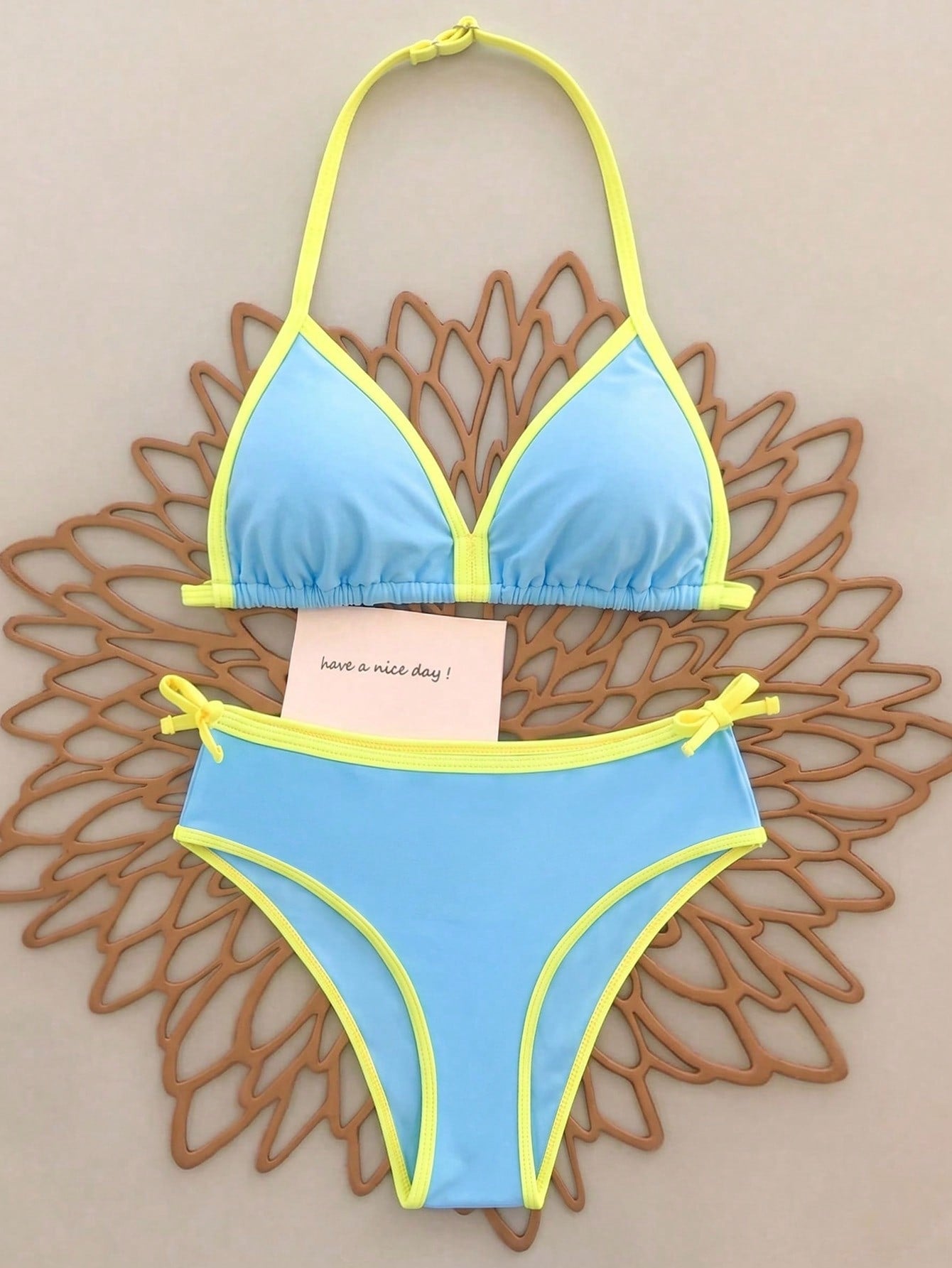 Tween Girl Summer Beach Vacation Contrast Color Halter Bikini Set