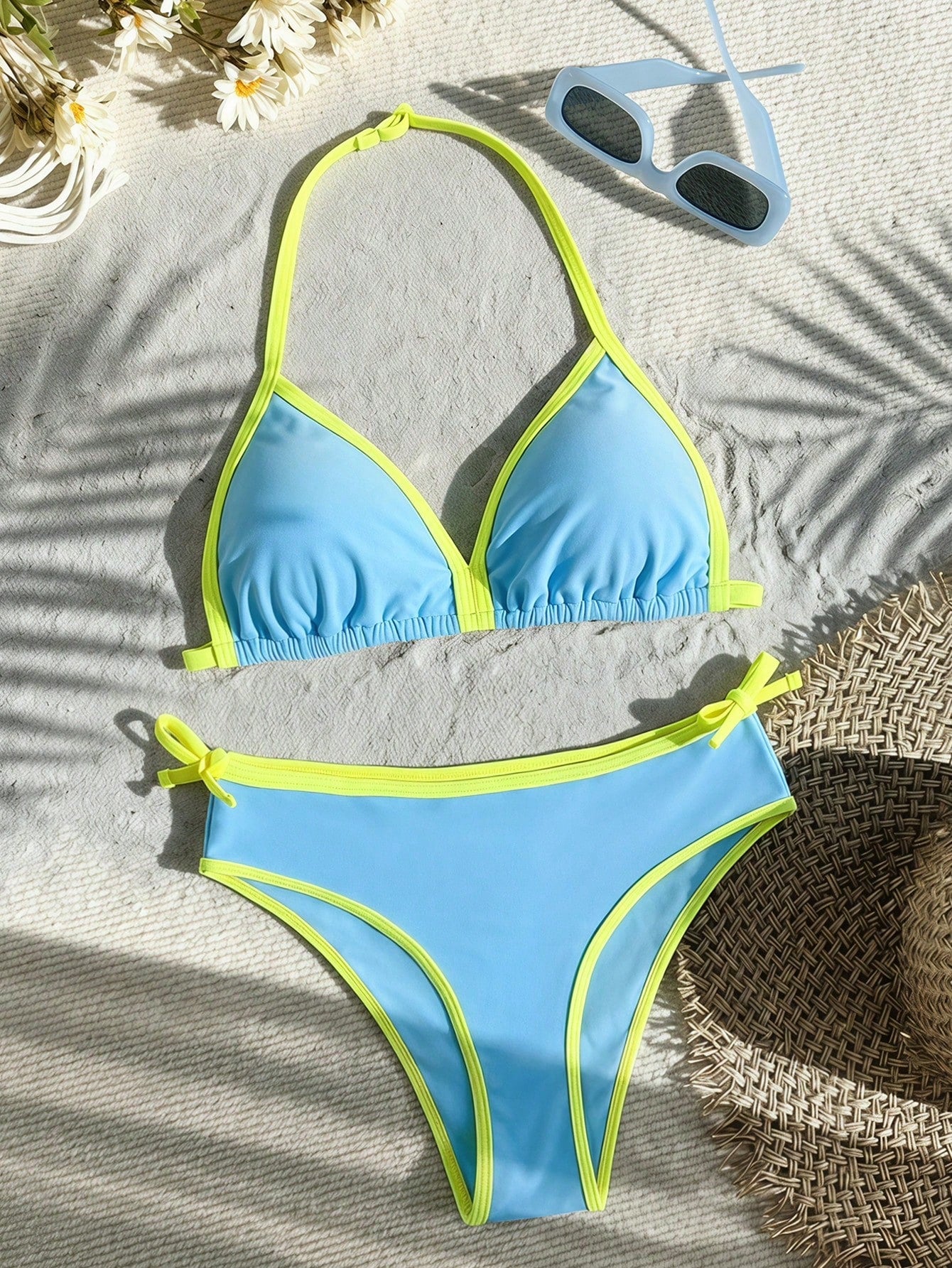 Tween Girl Summer Beach Vacation Contrast Color Halter Bikini Set