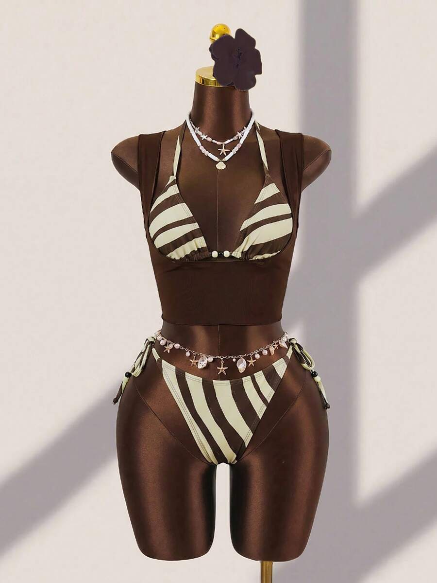 Brown striped 3-piece bikini set for women featuring a halter tie neck, wireless triangle cups with removable padding, cut-out details, and low waist tie side bottoms.