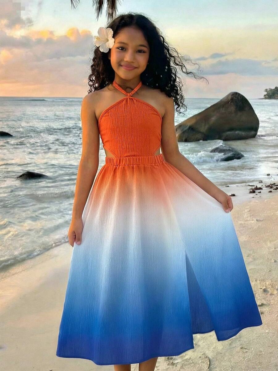 Tween girls floral halter dress with backless sleeveless design, belted high waist, shirred details, appliques, and flared A-line midi silhouette for summer vacation or graduation outfit.