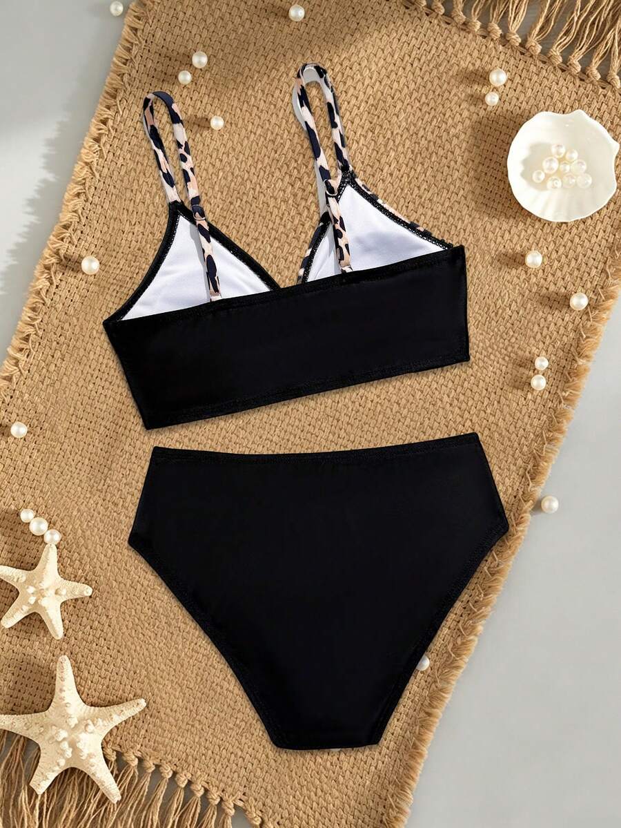 Tween girls multicolor striped 2-piece bikini set with spaghetti strap top, twist detail, and short high-waist or mid-waist swim bottoms for beach and pool wear.