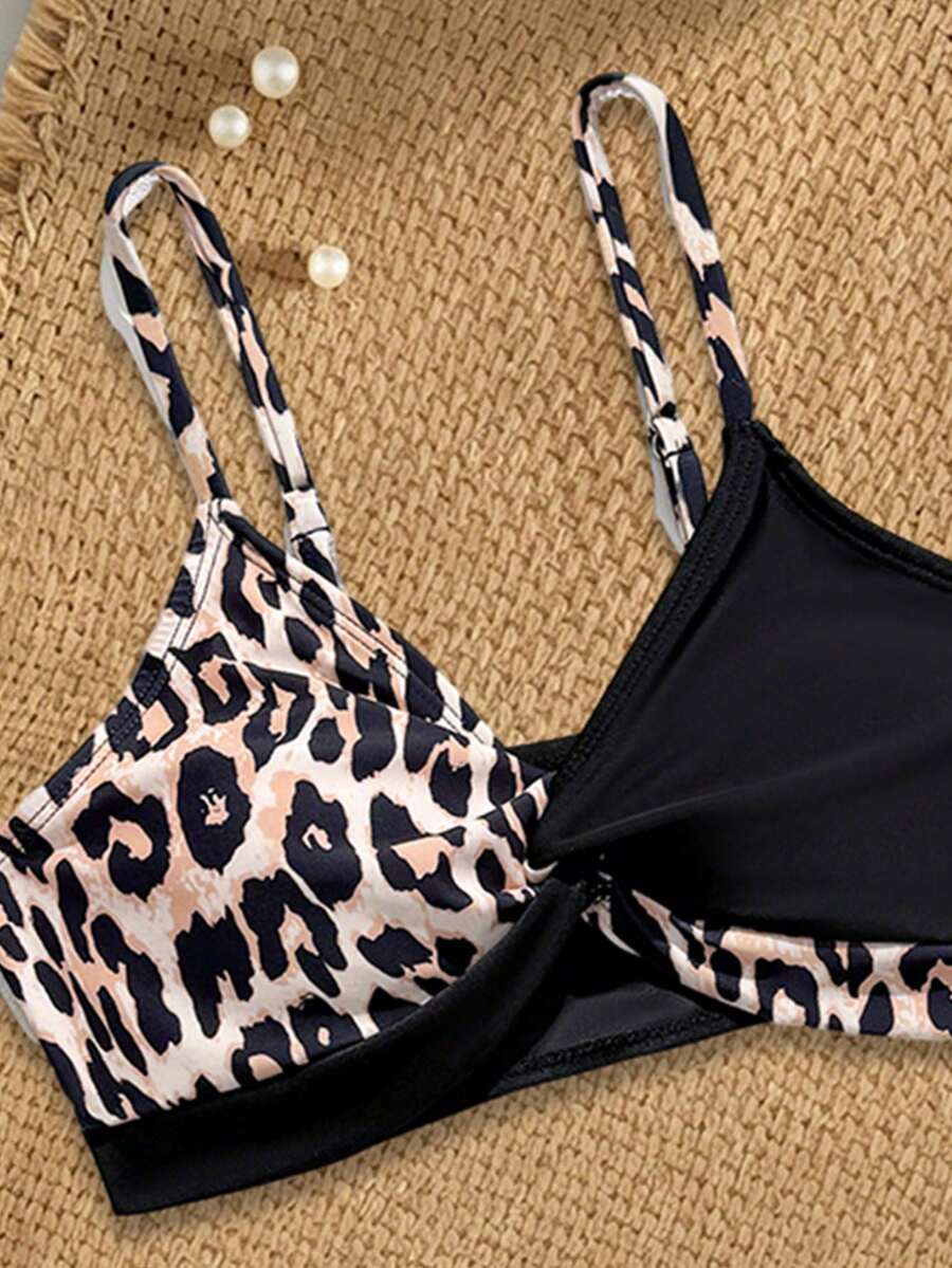 Tween girls multicolor striped 2-piece bikini set with spaghetti strap top, twist detail, and short high-waist or mid-waist swim bottoms for beach and pool wear.