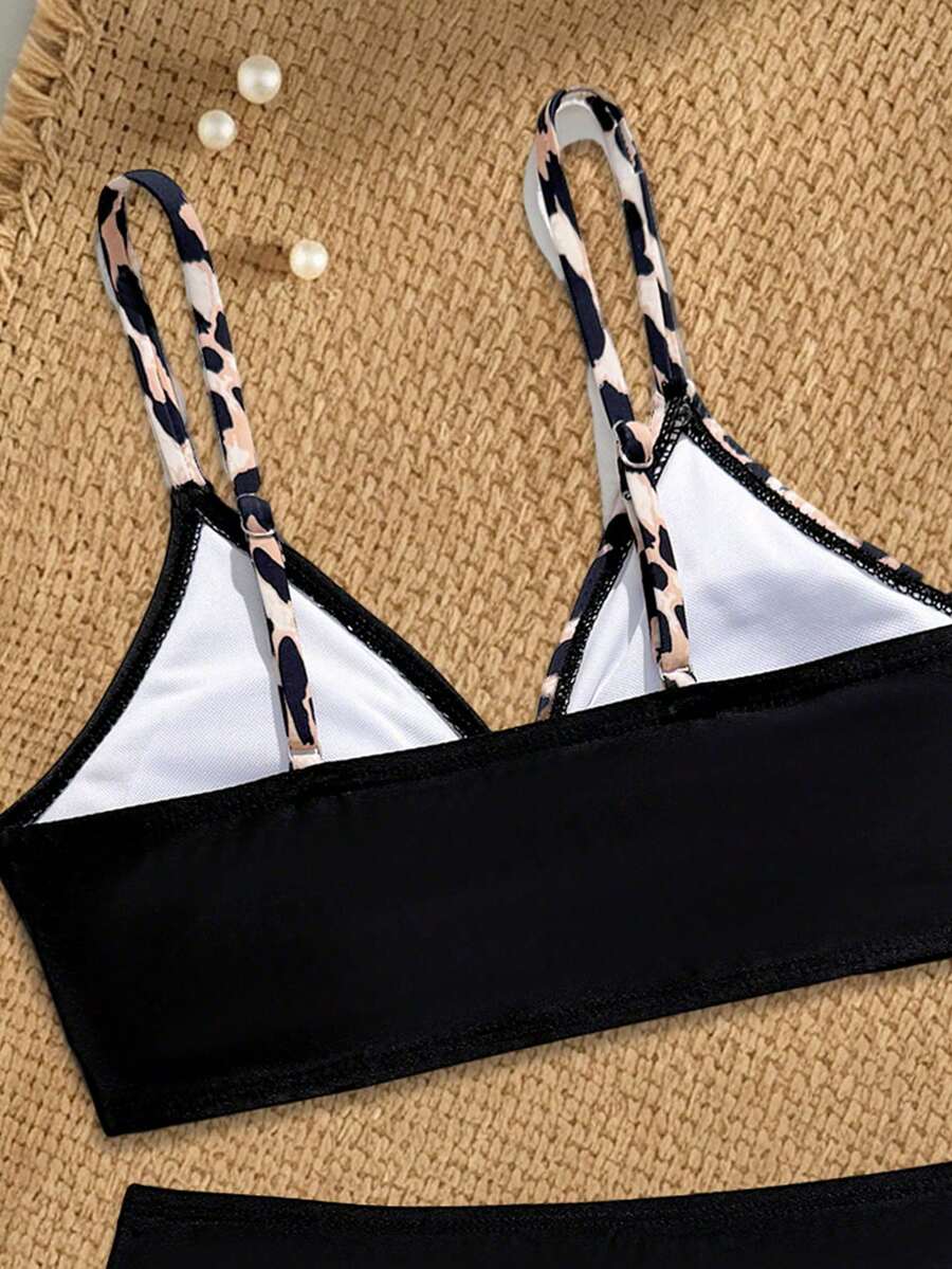 Tween girls multicolor striped 2-piece bikini set with spaghetti strap top, twist detail, and short high-waist or mid-waist swim bottoms for beach and pool wear.