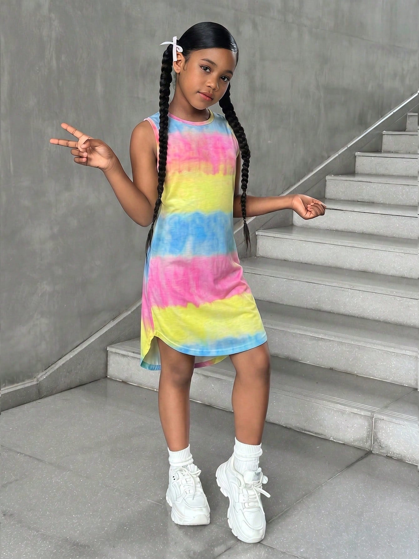 Tween girls sleeveless tie-dye tank dress with round neck, loose fit, short length, and asymmetrical hem in a casual streetwear style