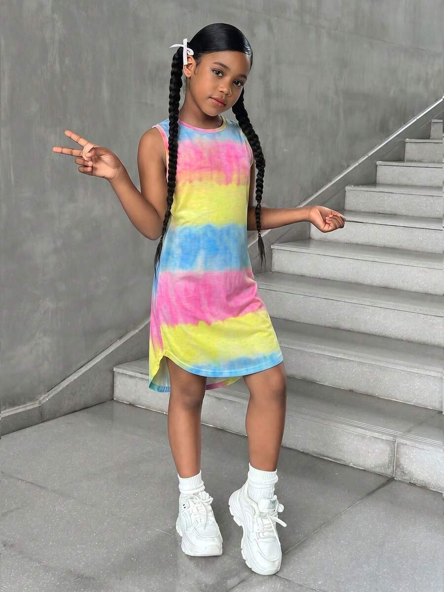 Tween girls sleeveless tie-dye tank dress with round neck, loose fit, short length, and asymmetrical hem in a casual streetwear style