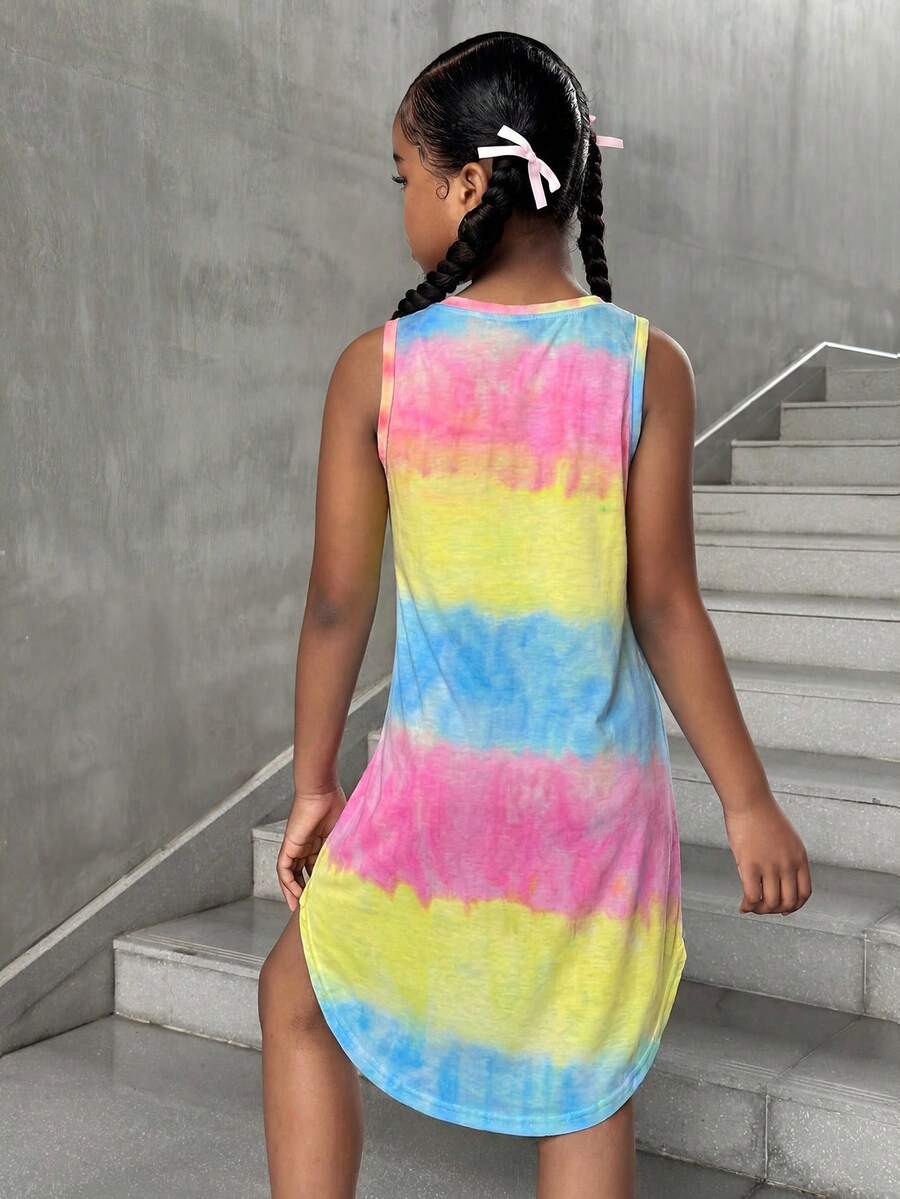 Tween girls sleeveless tie-dye tank dress with round neck, loose fit, short length, and asymmetrical hem in a casual streetwear style