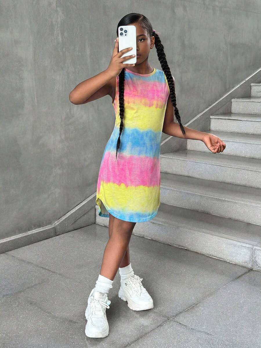 Tween girls sleeveless tie-dye tank dress with round neck, loose fit, short length, and asymmetrical hem in a casual streetwear style