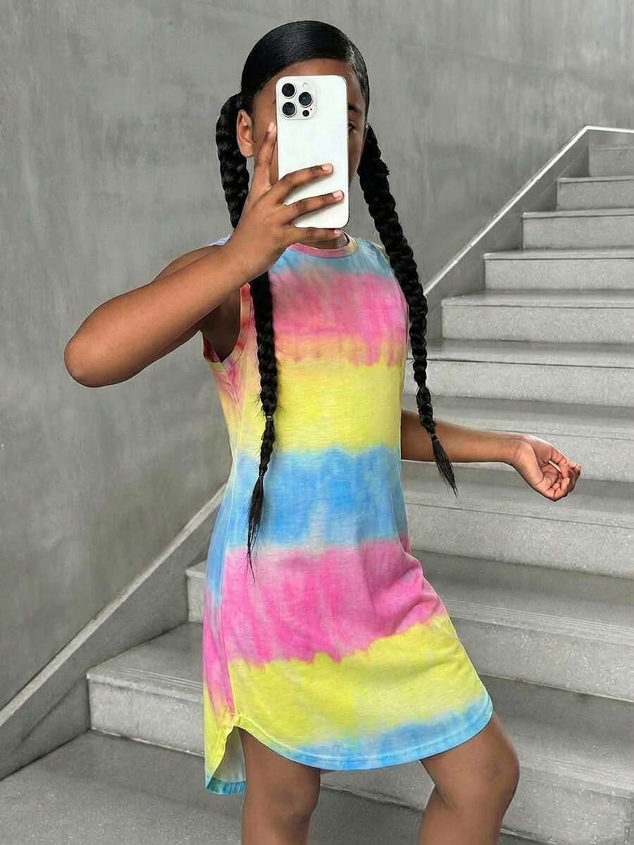 Tween girls sleeveless tie-dye tank dress with round neck, loose fit, short length, and asymmetrical hem in a casual streetwear style