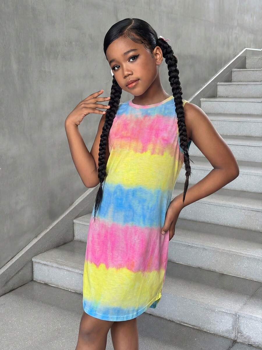 Tween girls sleeveless tie-dye tank dress with round neck, loose fit, short length, and asymmetrical hem in a casual streetwear style