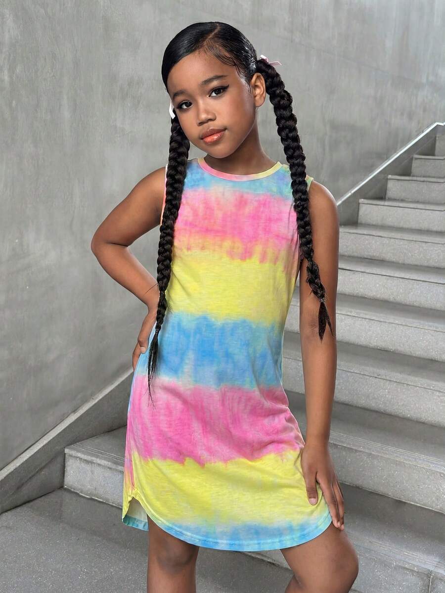 Tween girls sleeveless tie-dye tank dress with round neck, loose fit, short length, and asymmetrical hem in a casual streetwear style