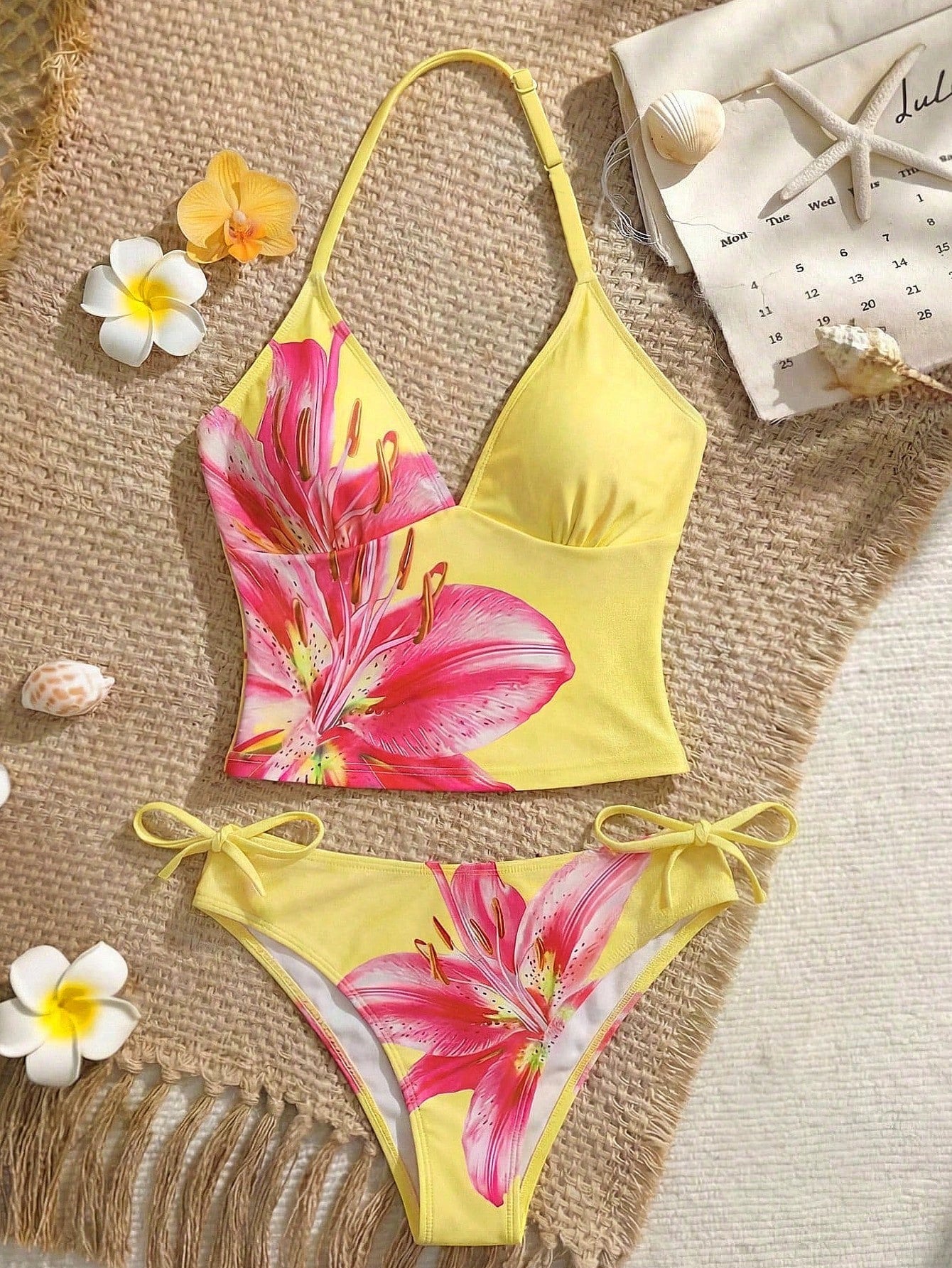 Tween Girls Yellow Floral Print Spaghetti Strap Bikini Sets,2pcs Swimwear For Beach Holiday,Spring/Summer Bathing Suits Bright Color Flower Suit