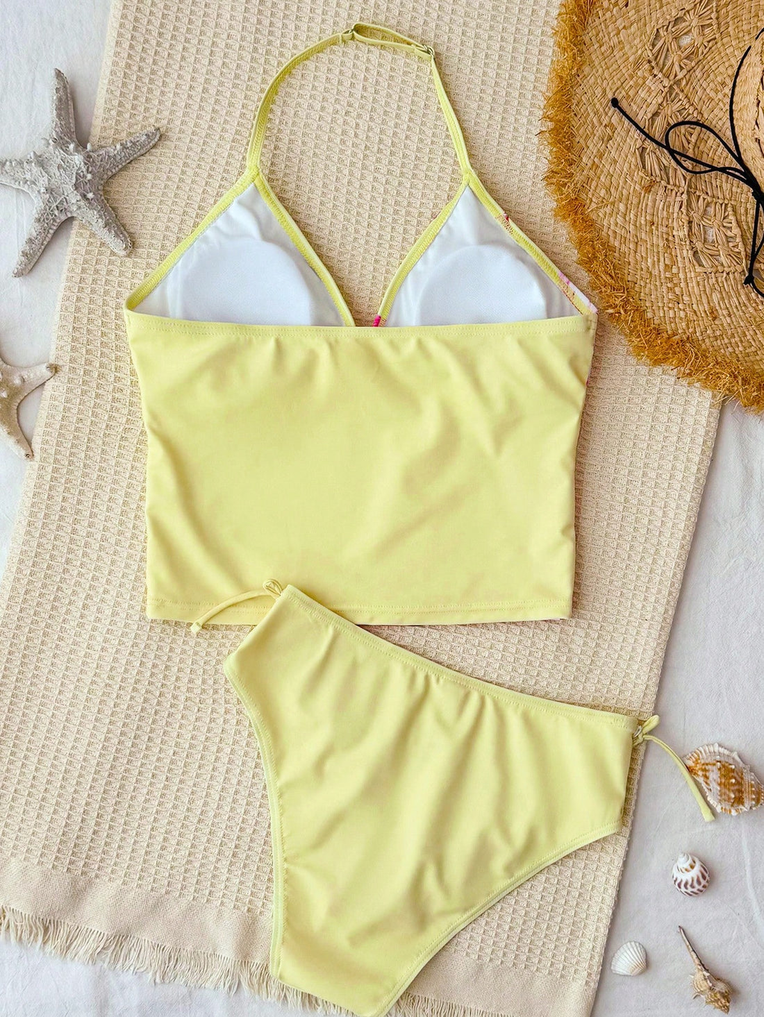 Tween Girls Yellow Floral Print Spaghetti Strap Bikini Sets,2pcs Swimwear For Beach Holiday,Spring/Summer Bathing Suits Bright Color Flower Suit