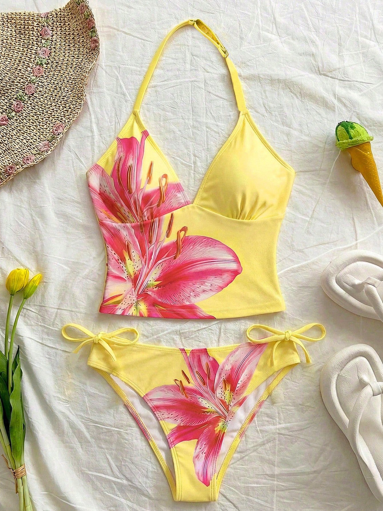 Tween Girls Yellow Floral Print Spaghetti Strap Bikini Sets,2pcs Swimwear For Beach Holiday,Spring/Summer Bathing Suits Bright Color Flower Suit