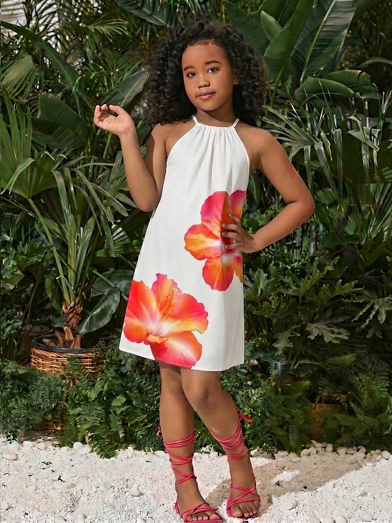 Tween girls floral halter A-line dress with contrast lace, applique and fringe details, sleeveless short length in polyester