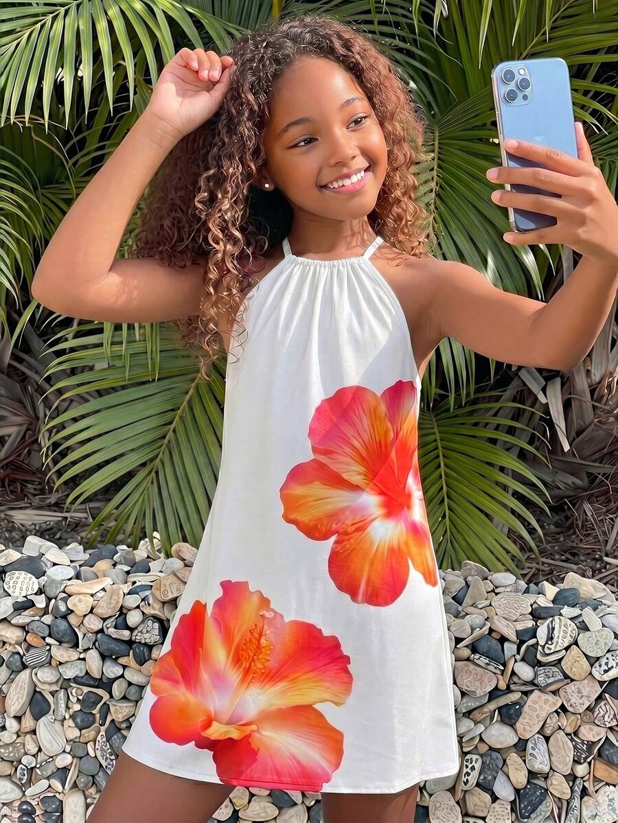 Tween girls floral halter A-line dress with contrast lace, applique and fringe details, sleeveless short length in polyester