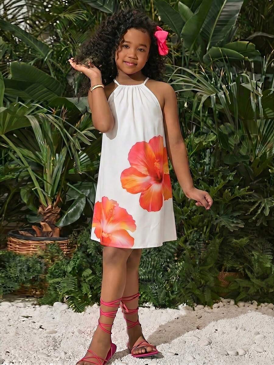 Tween girls floral halter A-line dress with contrast lace, applique and fringe details, sleeveless short length in polyester
