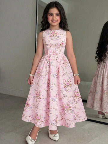 Tween girls pink floral sleeveless A-line midi dress featuring round neck, high waist with belt, contrast lace, and zipper back.