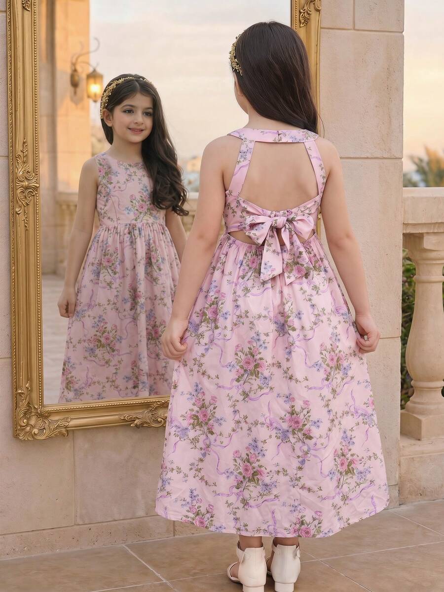Tween girls pink floral sleeveless A-line midi dress featuring round neck, high waist with belt, contrast lace, and zipper back.