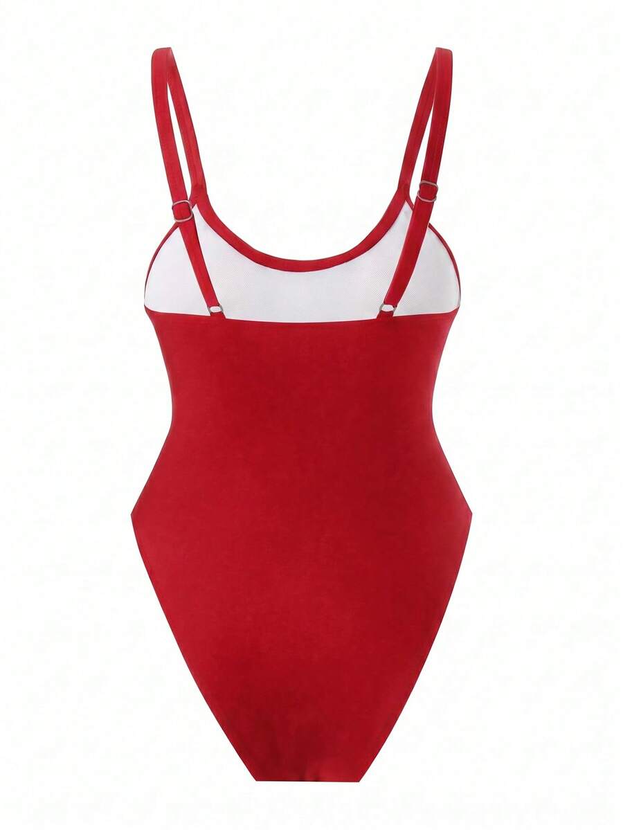 Black floral print mesh patchwork one-piece swimsuit for women featuring spaghetti straps, V-wired triangle cups, and a high waist silhouette.