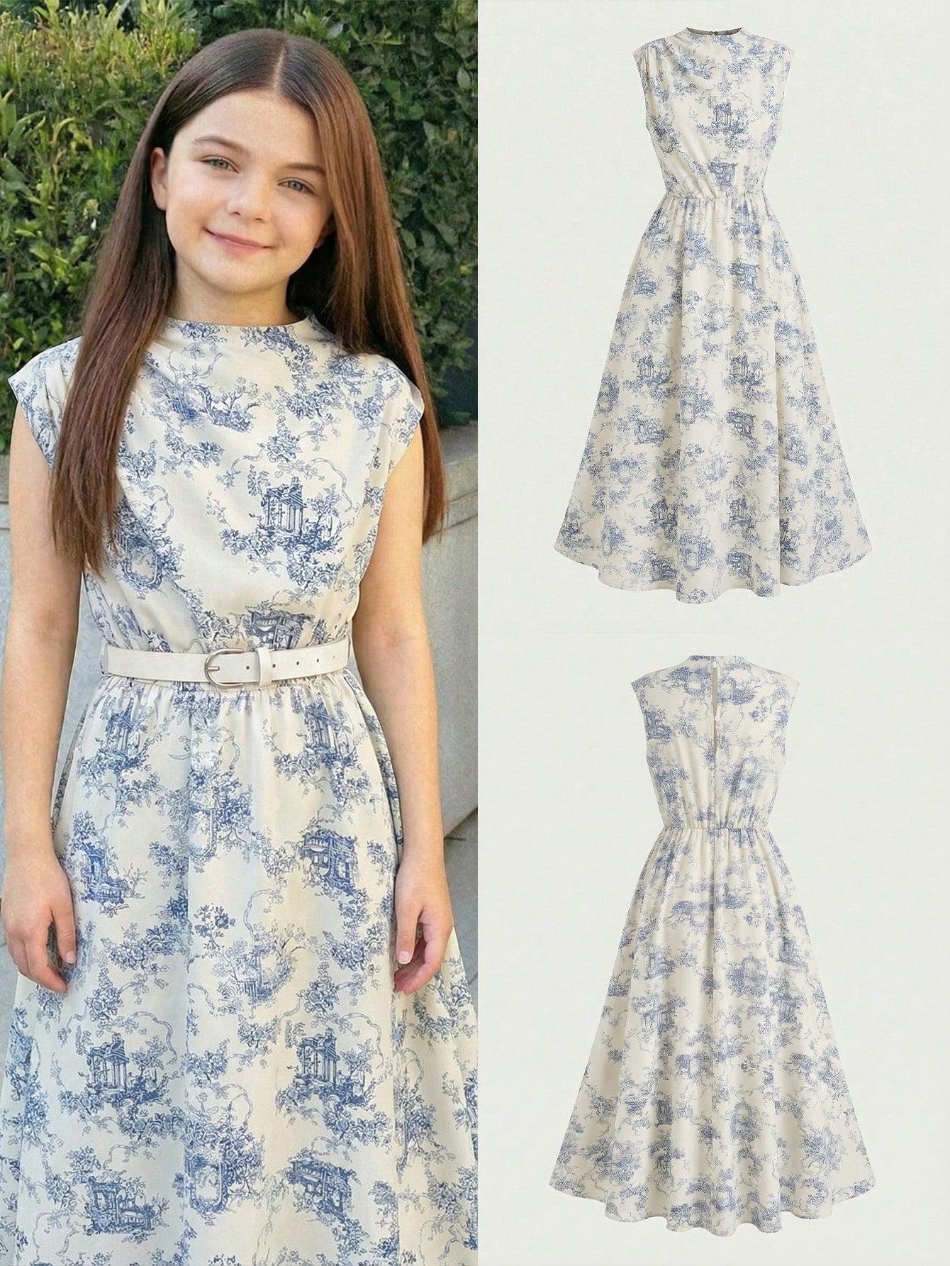 Tween girl wearing an apricot plant print long dress featuring a stand collar, short sleeves, high waist, flared hem, and back zipper closure.