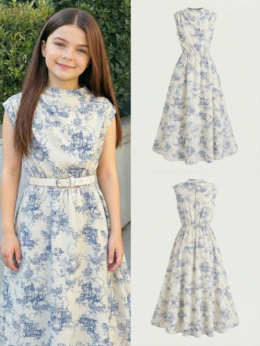 Tween girl wearing an apricot plant print long dress featuring a stand collar, short sleeves, high waist, flared hem, and back zipper closure.