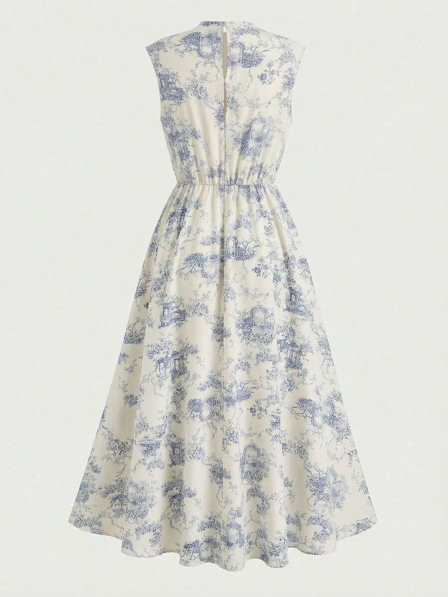 Tween girl wearing an apricot plant print long dress featuring a stand collar, short sleeves, high waist, flared hem, and back zipper closure.