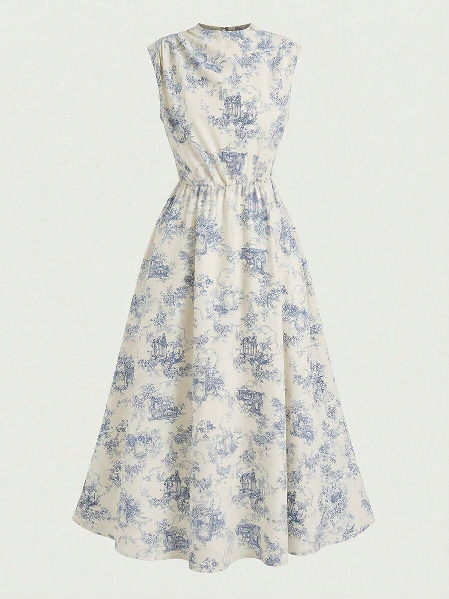 Tween girl wearing an apricot plant print long dress featuring a stand collar, short sleeves, high waist, flared hem, and back zipper closure.