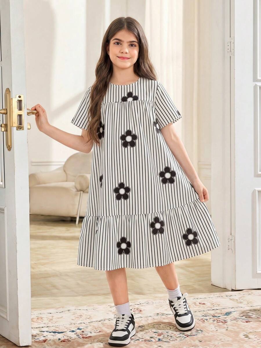 Tween girls casual black and white striped short sleeve smock dress with round neck and flounce hem