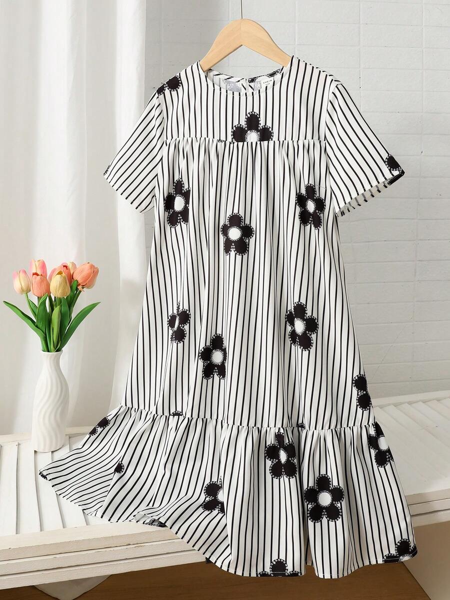 Tween girls casual black and white striped short sleeve smock dress with round neck and flounce hem