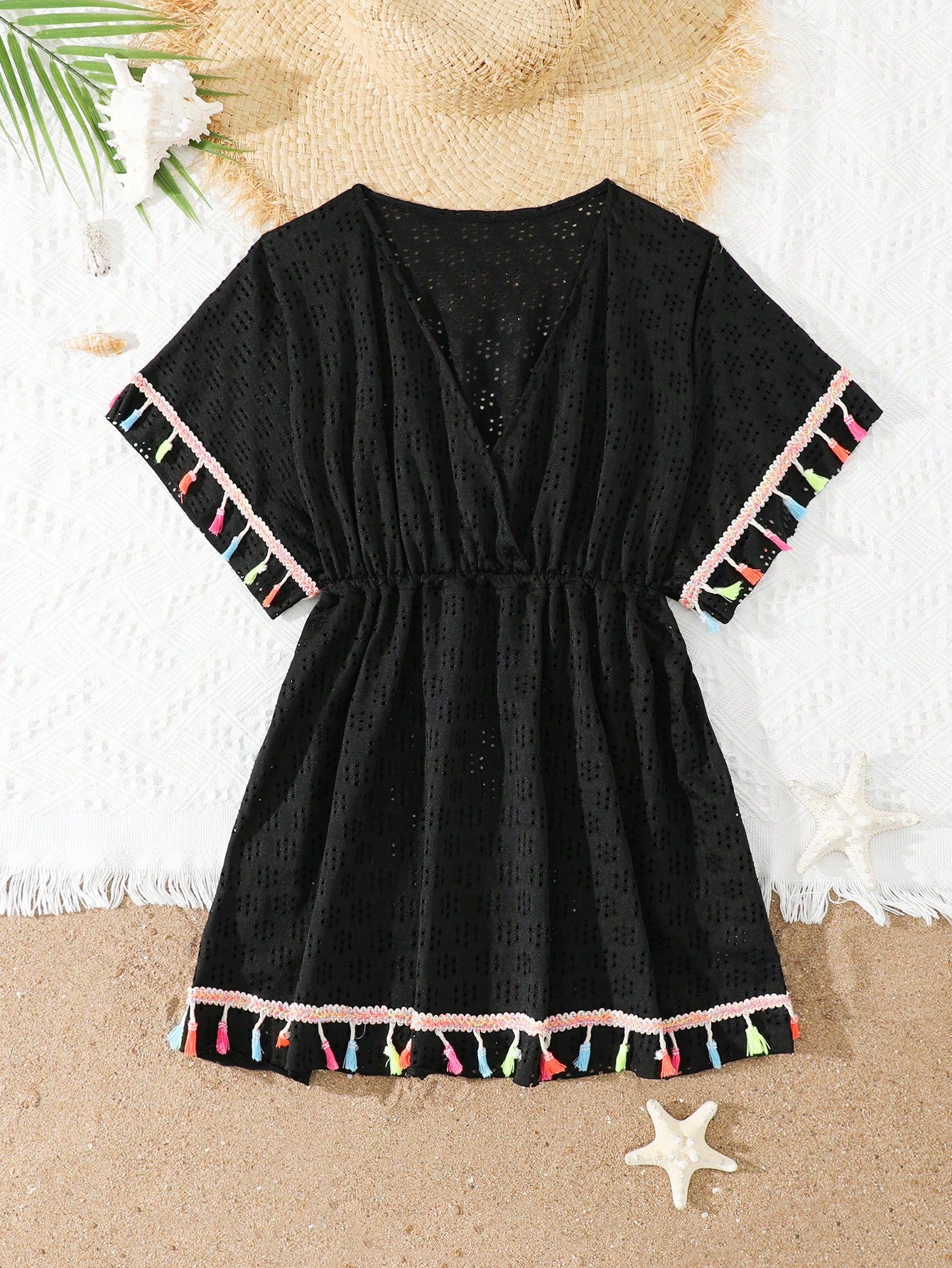 Tween girls apricot sleeveless knit mesh swimwear cover up with V-neck and hollow-out pattern