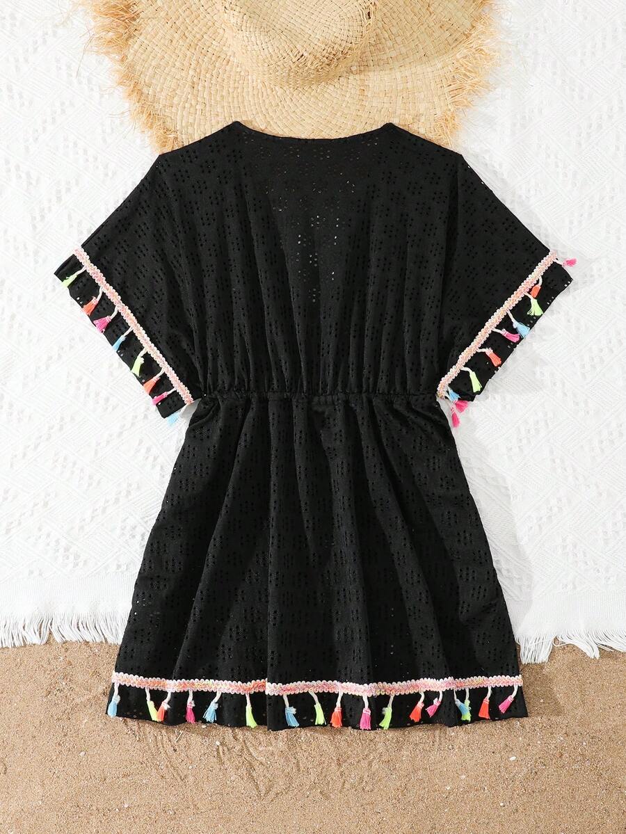 Tween girls apricot sleeveless knit mesh swimwear cover up with V-neck and hollow-out pattern