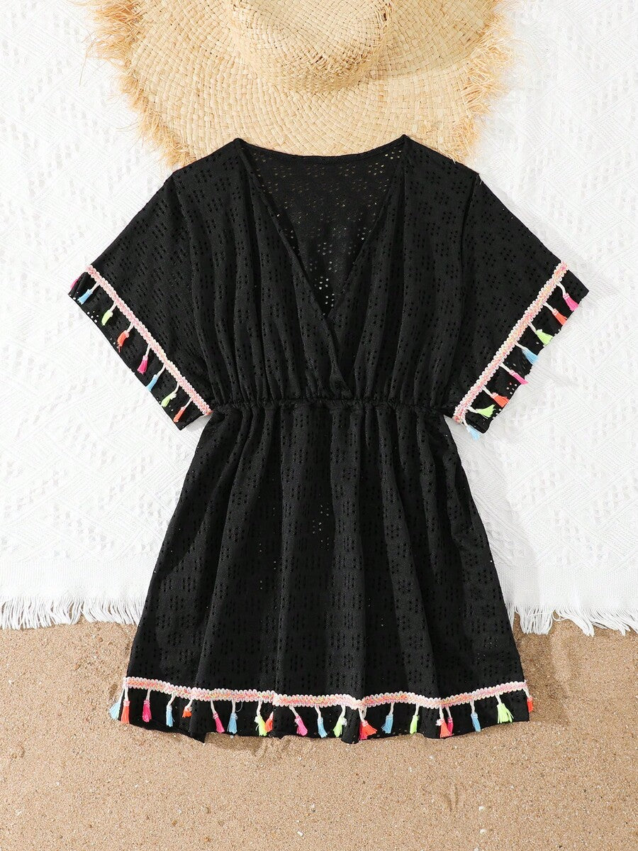 Tween girls apricot sleeveless knit mesh swimwear cover up with V-neck and hollow-out pattern