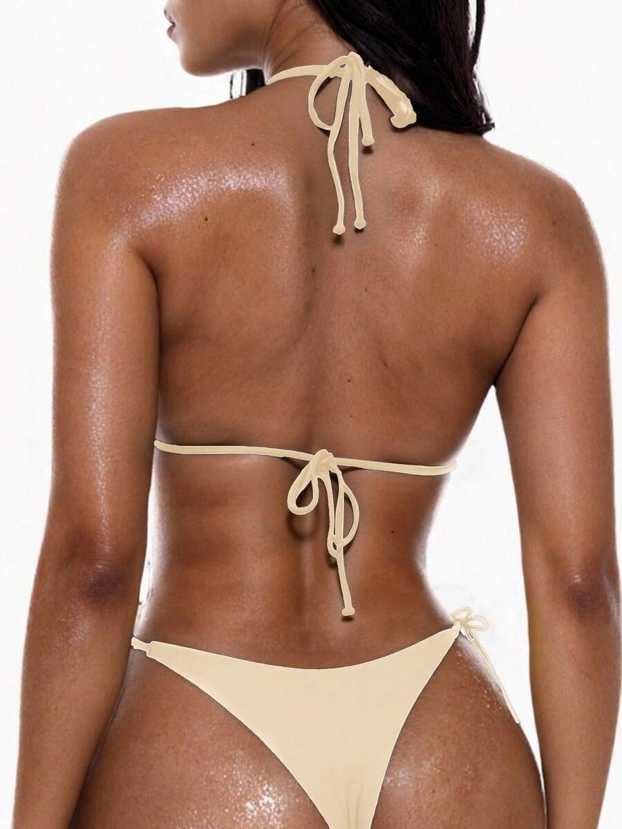Apricot plain halter triangle bikini swimwear set with tie back top and low waist tie side thong bottom for women