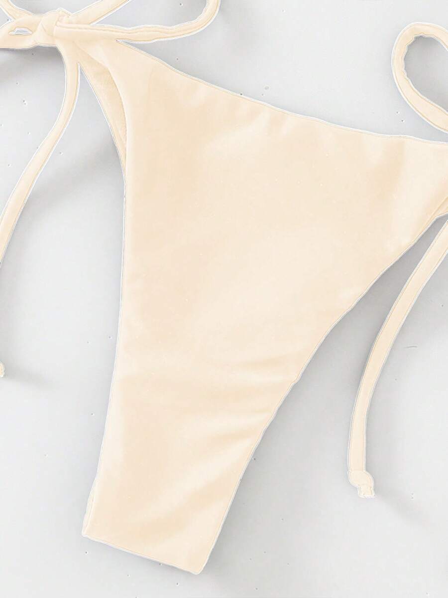 Apricot plain halter triangle bikini swimwear set with tie back top and low waist tie side thong bottom for women