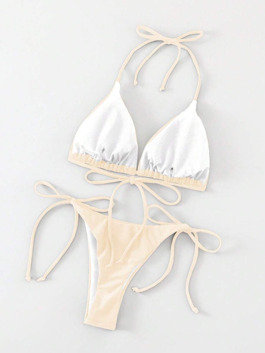 Apricot plain halter triangle bikini swimwear set with tie back top and low waist tie side thong bottom for women