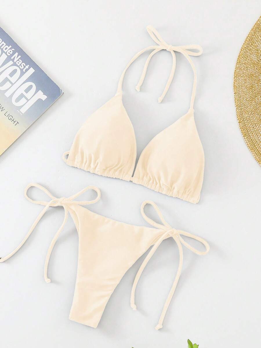 Apricot plain halter triangle bikini swimwear set with tie back top and low waist tie side thong bottom for women