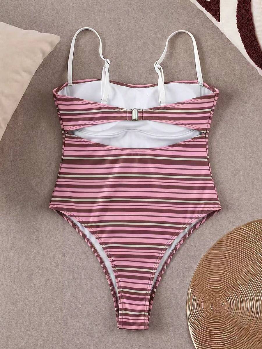 Black colorblock women's one-piece swimsuit with spaghetti straps and high stretch fabric.