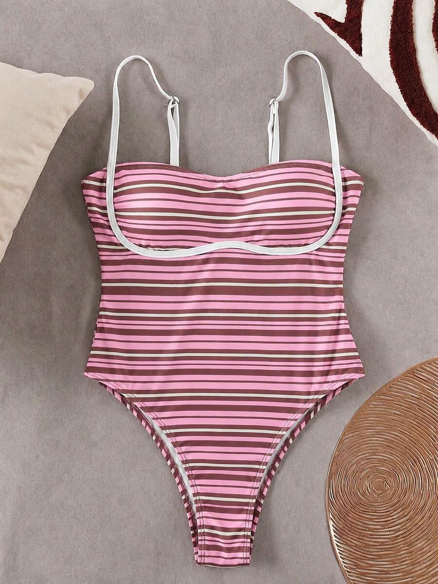 Black colorblock women's one-piece swimsuit with spaghetti straps and high stretch fabric.