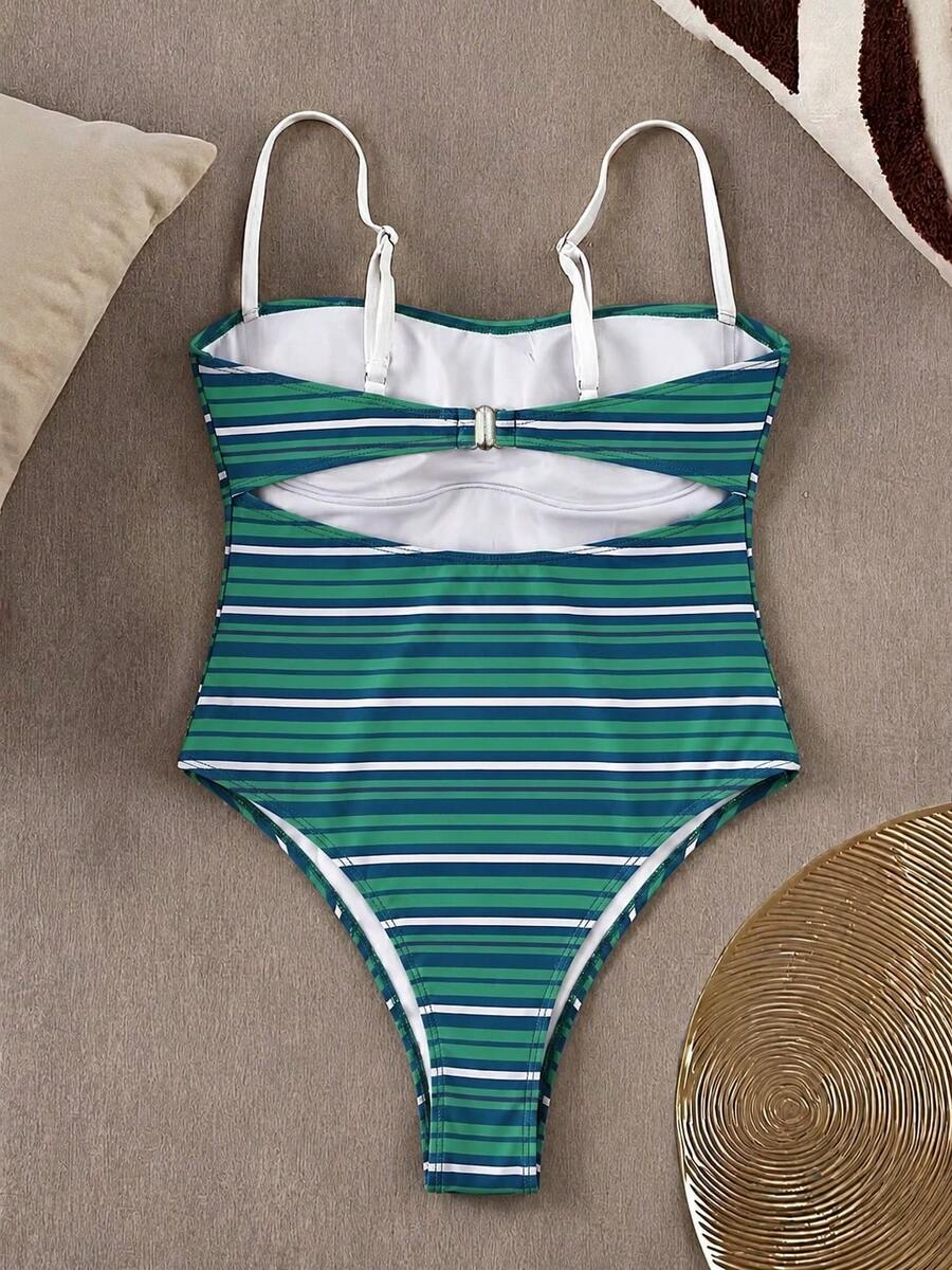 Black colorblock women's one-piece swimsuit with spaghetti straps and high stretch fabric.