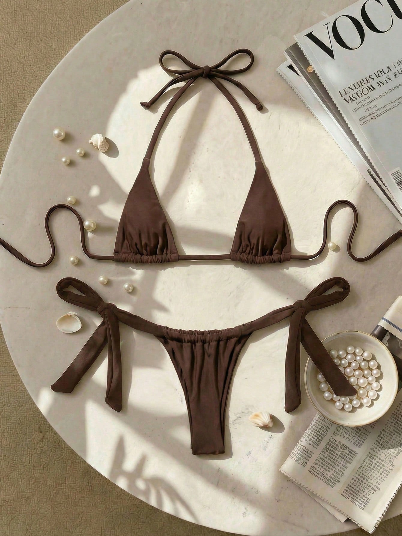 Army green high waist micro bikini swimsuit set for women featuring wireless spaghetti strap top with chain knot details and tie side thong bottoms.