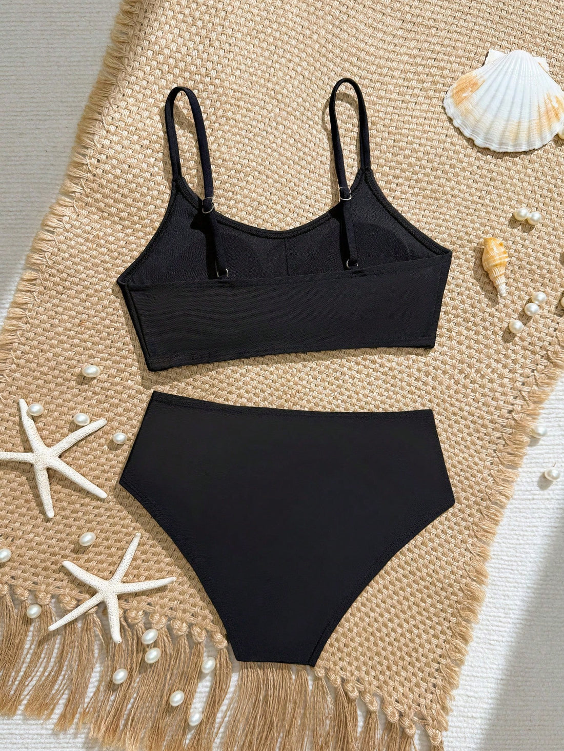 Tween Girls Bikini Sets, Black Solid Color Knit Fabric, Adjustable Shoulder Straps, Two Pieces Swimwear, Fashionable Casual Elegant Suitable For Swimming, Summer Beach, Pool, Vacation