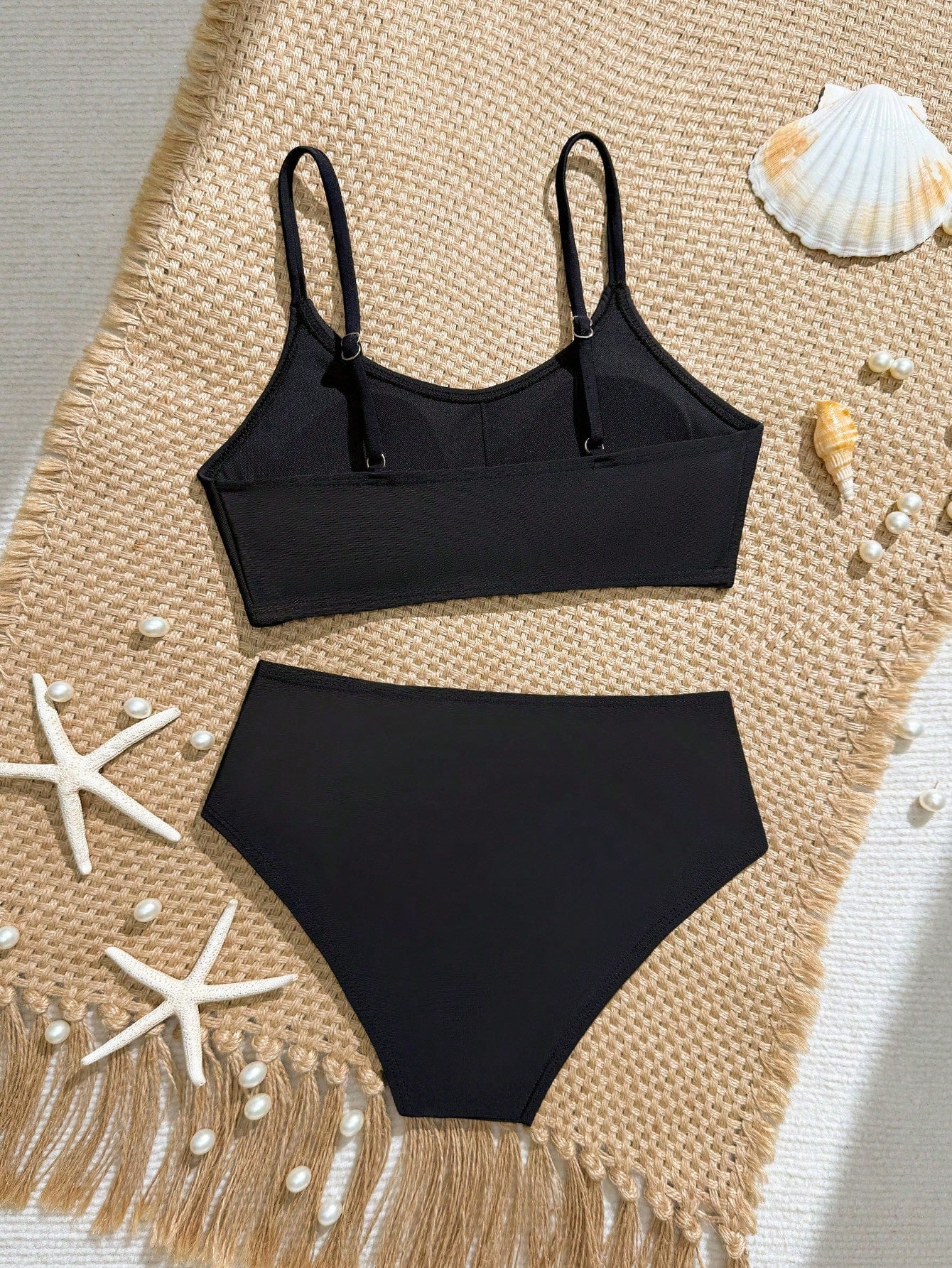 Tween Girls Bikini Sets, Black Solid Color Knit Fabric, Adjustable Shoulder Straps, Two Pieces Swimwear, Fashionable Casual Elegant Suitable For Swimming, Summer Beach, Pool, Vacation