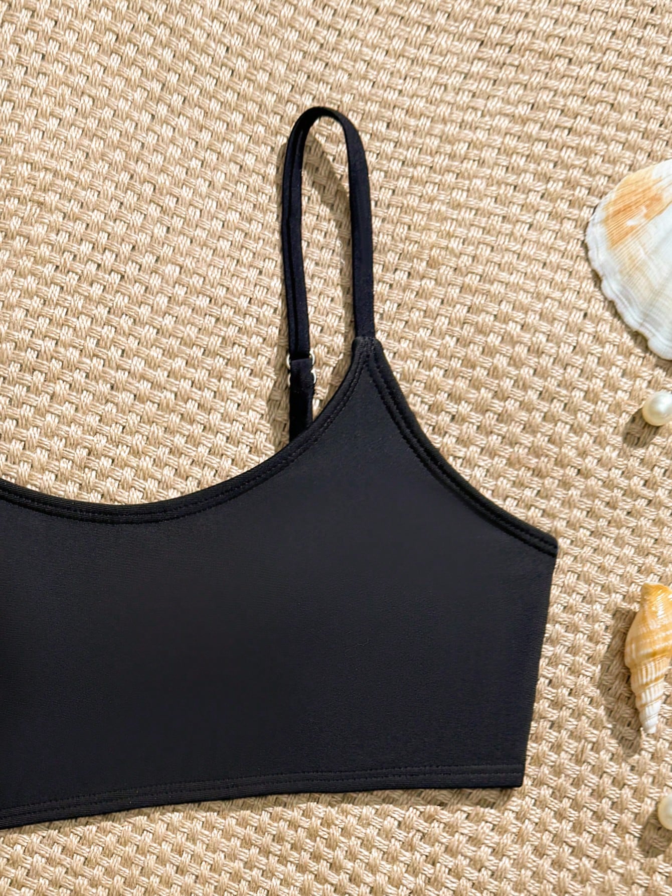 Tween Girls Bikini Sets, Black Solid Color Knit Fabric, Adjustable Shoulder Straps, Two Pieces Swimwear, Fashionable Casual Elegant Suitable For Swimming, Summer Beach, Pool, Vacation