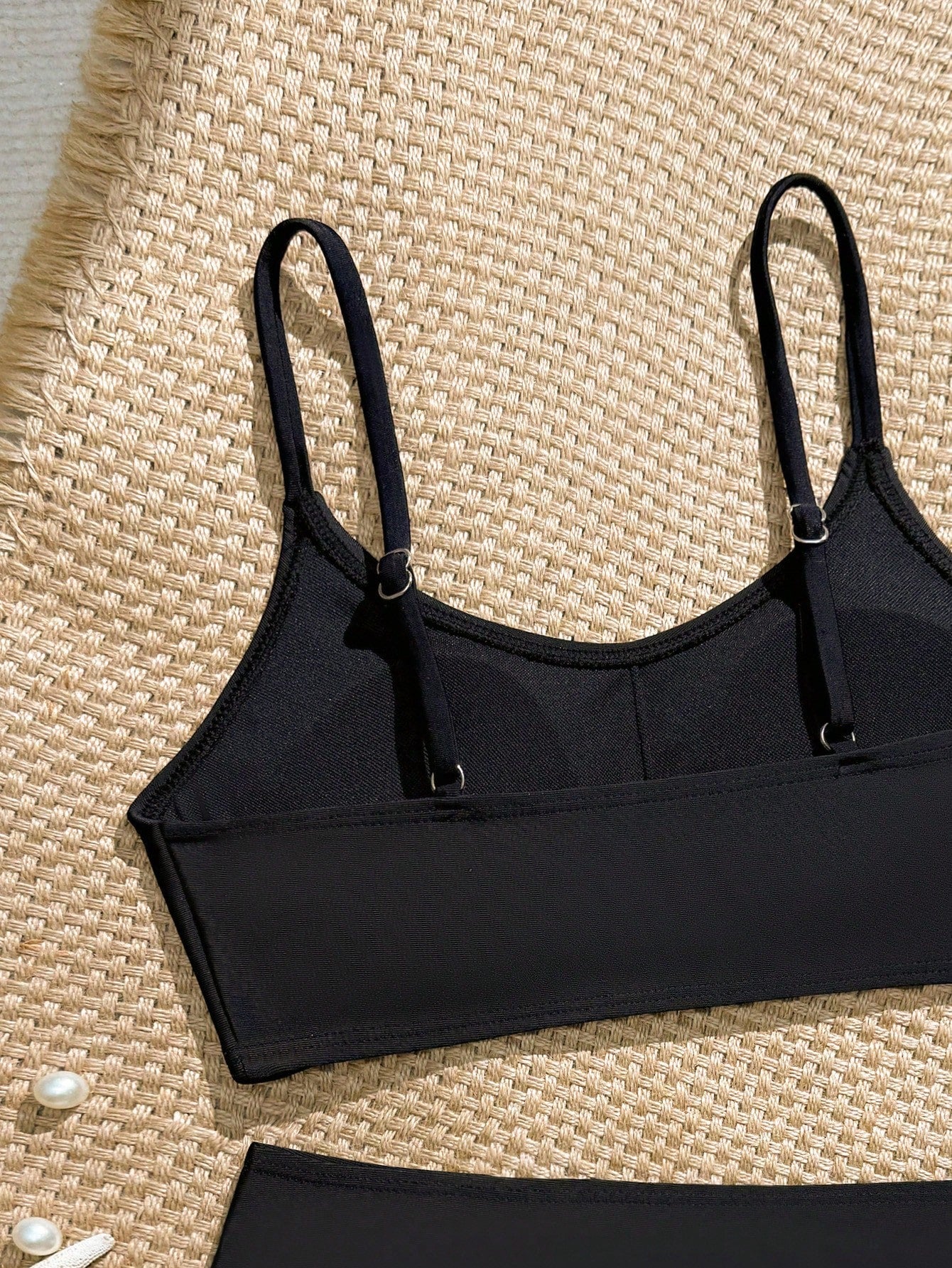 Tween Girls Bikini Sets, Black Solid Color Knit Fabric, Adjustable Shoulder Straps, Two Pieces Swimwear, Fashionable Casual Elegant Suitable For Swimming, Summer Beach, Pool, Vacation