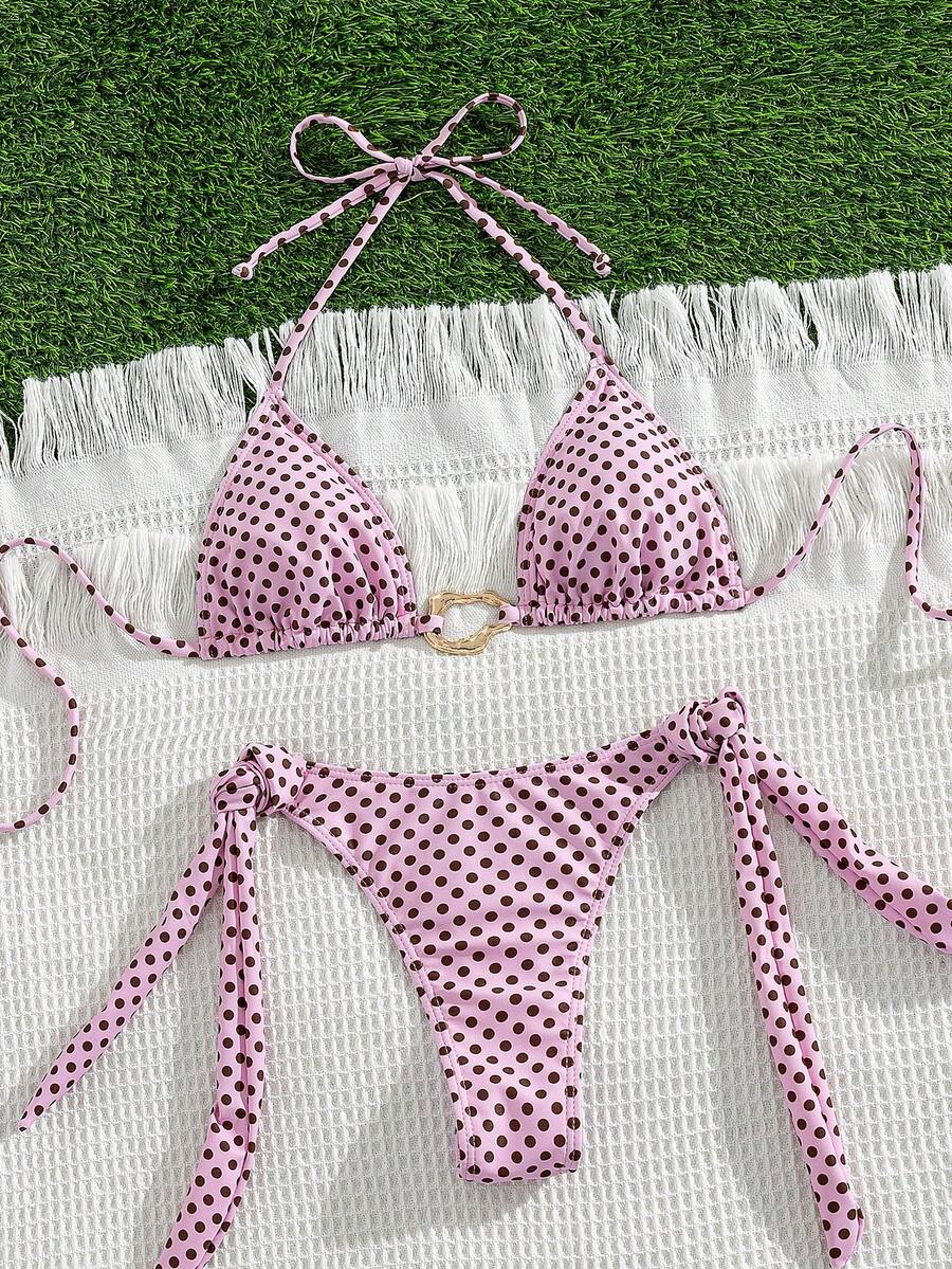 Red halter tie-side bikini set for women featuring a geometric plaid pattern, high-waisted bottoms, wireless triangle cups, and removable padding.