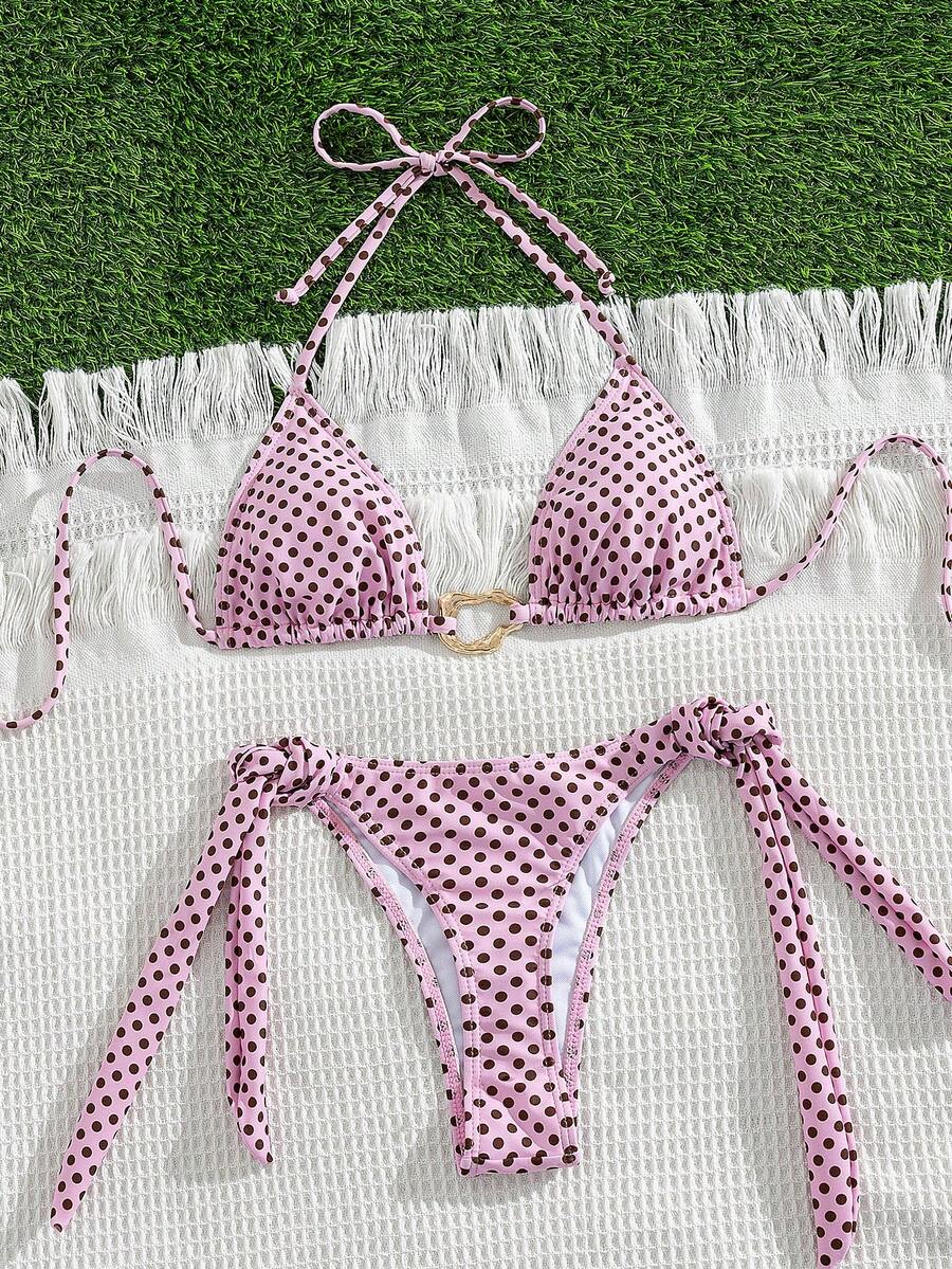 Red halter tie-side bikini set for women featuring a geometric plaid pattern, high-waisted bottoms, wireless triangle cups, and removable padding.