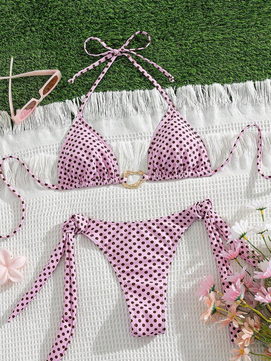 Red halter tie-side bikini set for women featuring a geometric plaid pattern, high-waisted bottoms, wireless triangle cups, and removable padding.