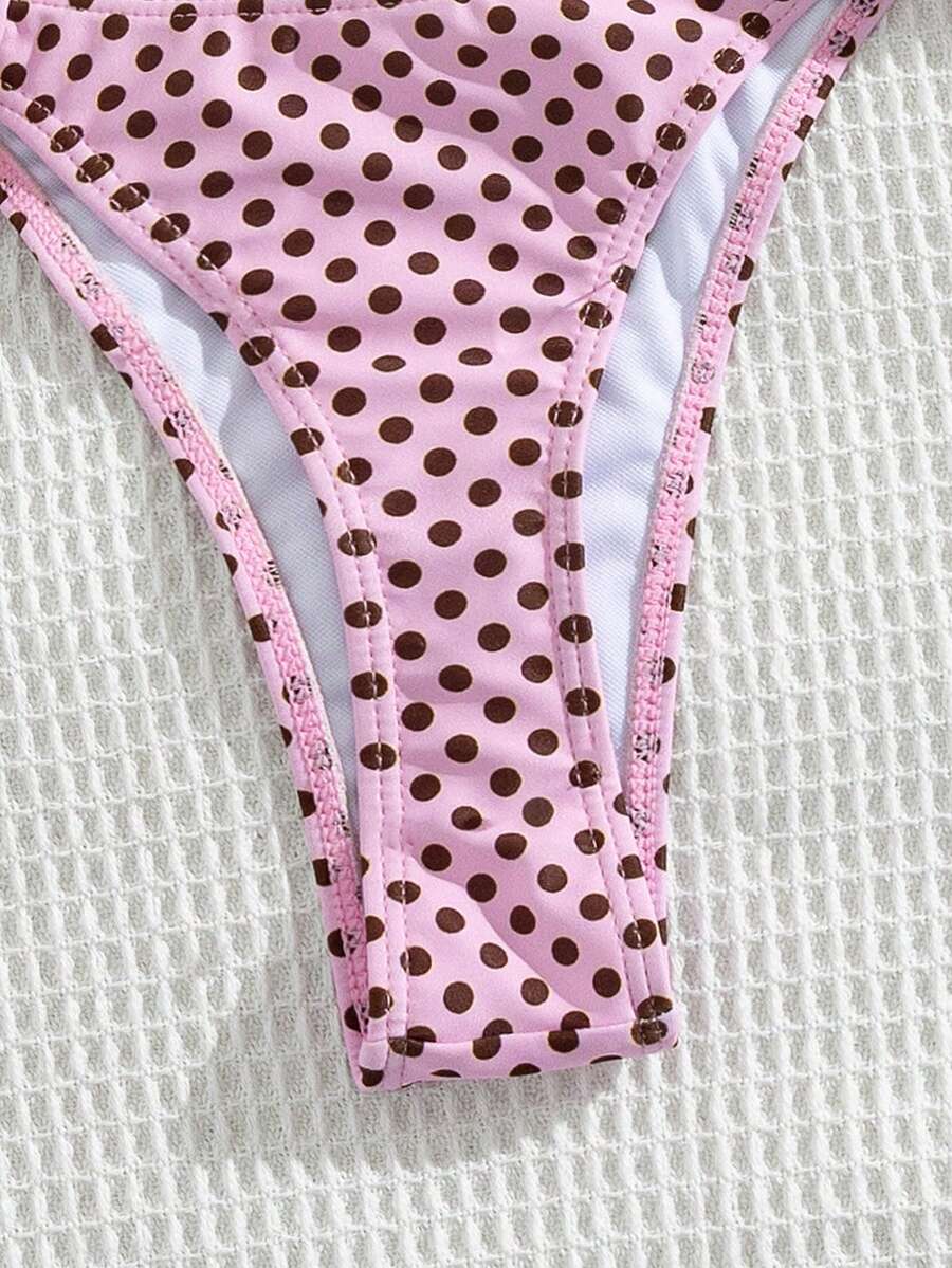 Red halter tie-side bikini set for women featuring a geometric plaid pattern, high-waisted bottoms, wireless triangle cups, and removable padding.