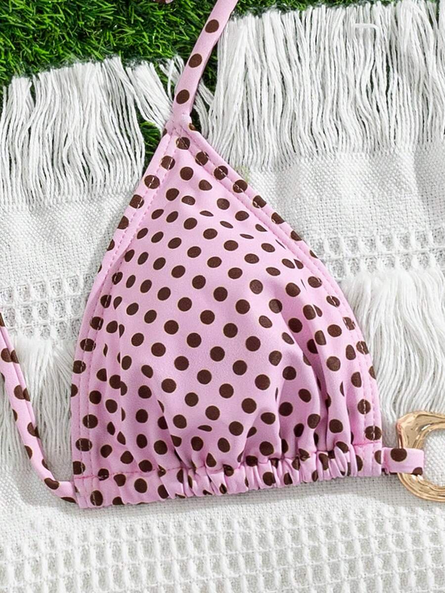 Red halter tie-side bikini set for women featuring a geometric plaid pattern, high-waisted bottoms, wireless triangle cups, and removable padding.
