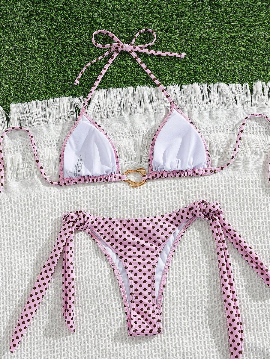 Red halter tie-side bikini set for women featuring a geometric plaid pattern, high-waisted bottoms, wireless triangle cups, and removable padding.